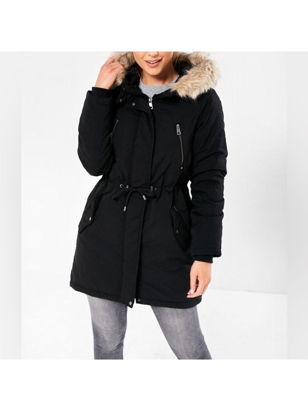 Vero Moda Agnes Parka Faux Fur Lined Hood Winter Coat Jacket in Black